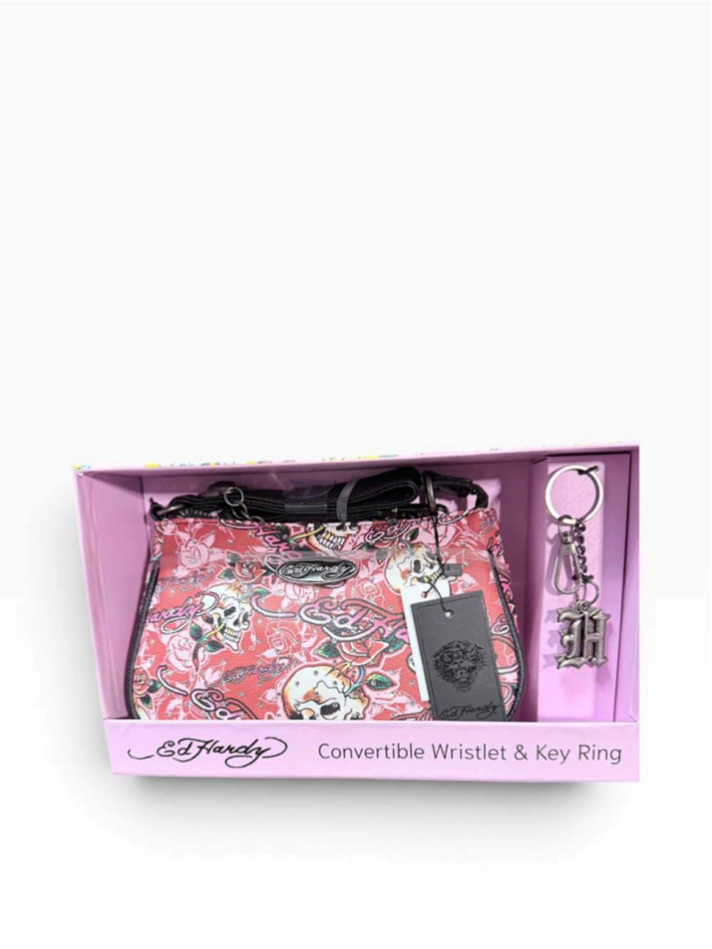 Women's Ed Hardy Convertible Wristlet & Key Ring Set, One Size, Pink/Black